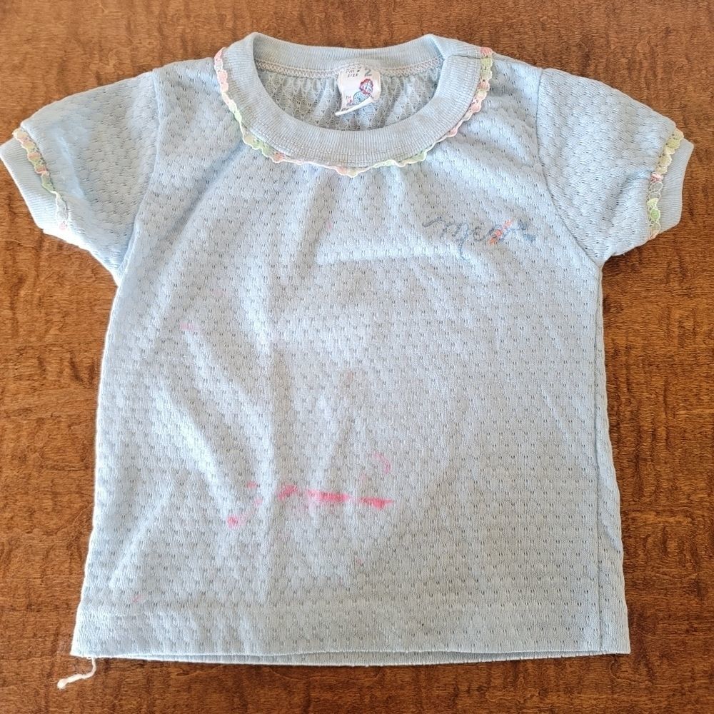 Vintage pique pastel knit ruffle collar sky blue short sleeve embroidered shirt